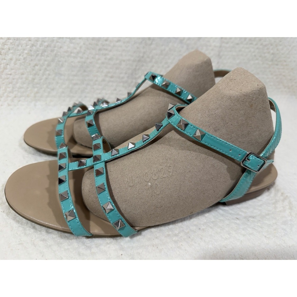 Vaneli Sandals Womens 9M Teal Studded‎ Strappy Patent Leather Low Heel